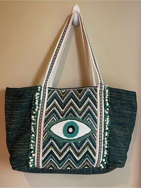 Green Embroidered Eye Tote Bag with Cream Straps